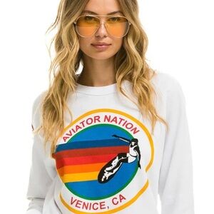 Aviator Nation White Sweatshirt with Rainbow Graphic